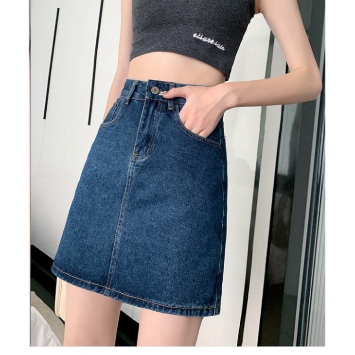 VÁY QUẦN JEAN CO GIÃN Dài 46cm - Chân Váy Có Quần Trong - Xanh Đá Đậm Lưng Cao