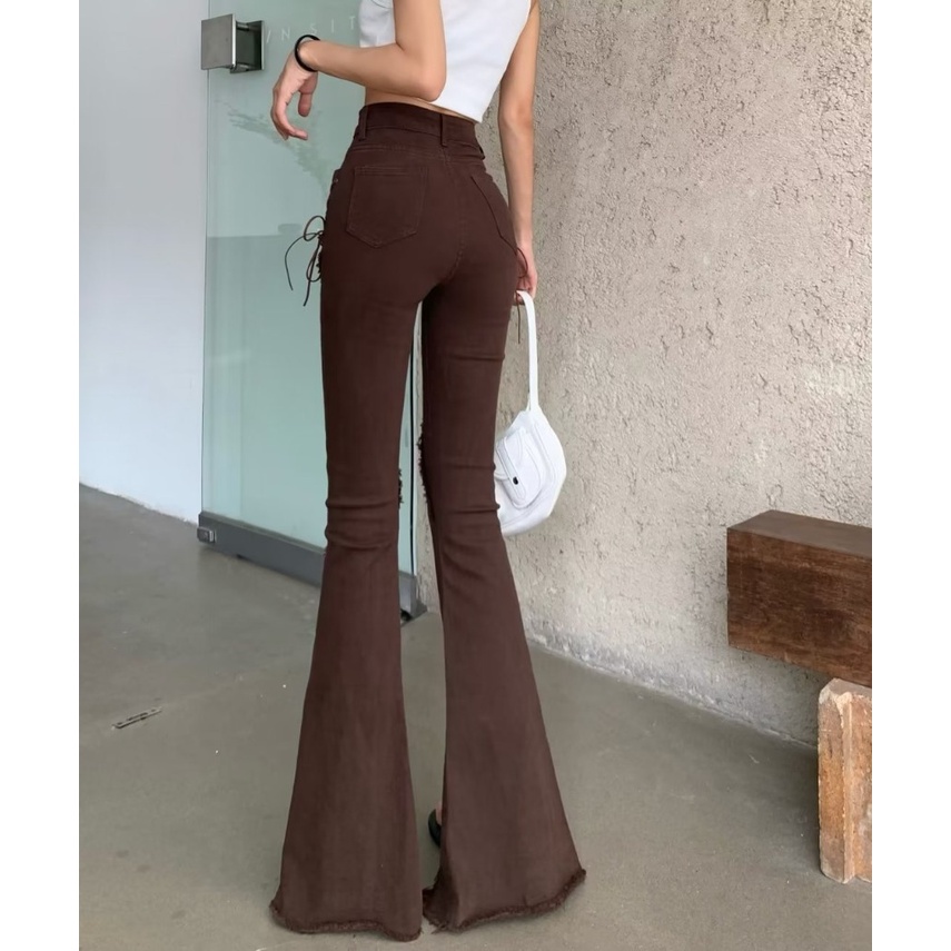 Daduhey Quần jean dây rút cạp cao ống loe xẻ tà phiên bản thời trang Hàn Quốc mới cho nữ