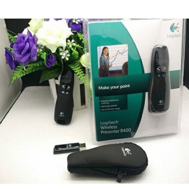 Bút trình chiếu logitech R400 + tặng kèm  bao da và pin