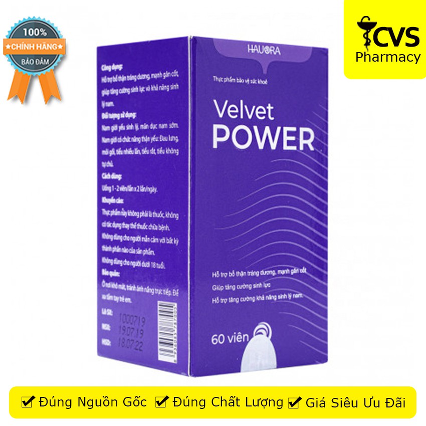 Velvet Power 1 Hour - Hộp 60 Viên uống hỗ trợ tăng cường sinh lý nam giới, giúp bổ thận, tráng dương - cvspharmacy