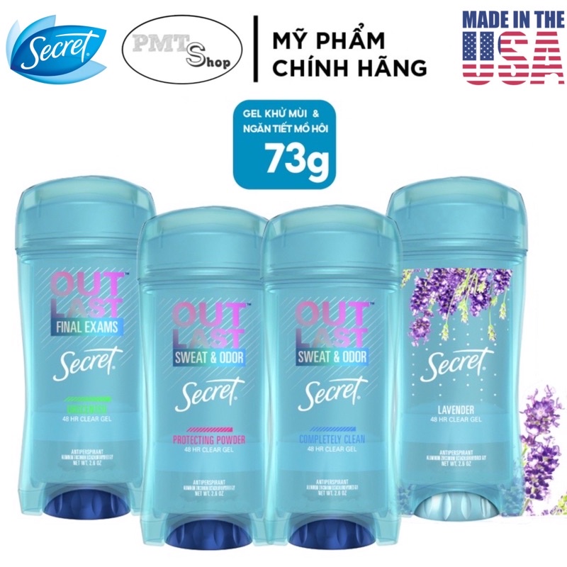 (NK Mỹ) Lăn khử mùi Secret Clear Gel 73g Relaxing Lavender Completely Clean Unscented Protecting Powder Cool Waterlily