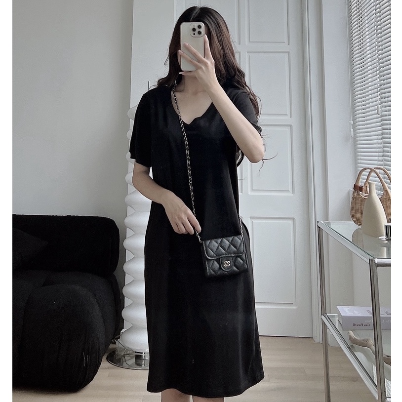 Váy nữ cotton dáng xuông cổ tim ngắn tay basic nữ cực xinh - Dear Muse