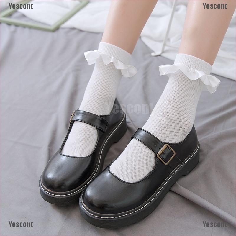 （Yescont）Cute Socks Lolita Ruffle White Frilly Ruffle Princess Socks Woman Happy Socks