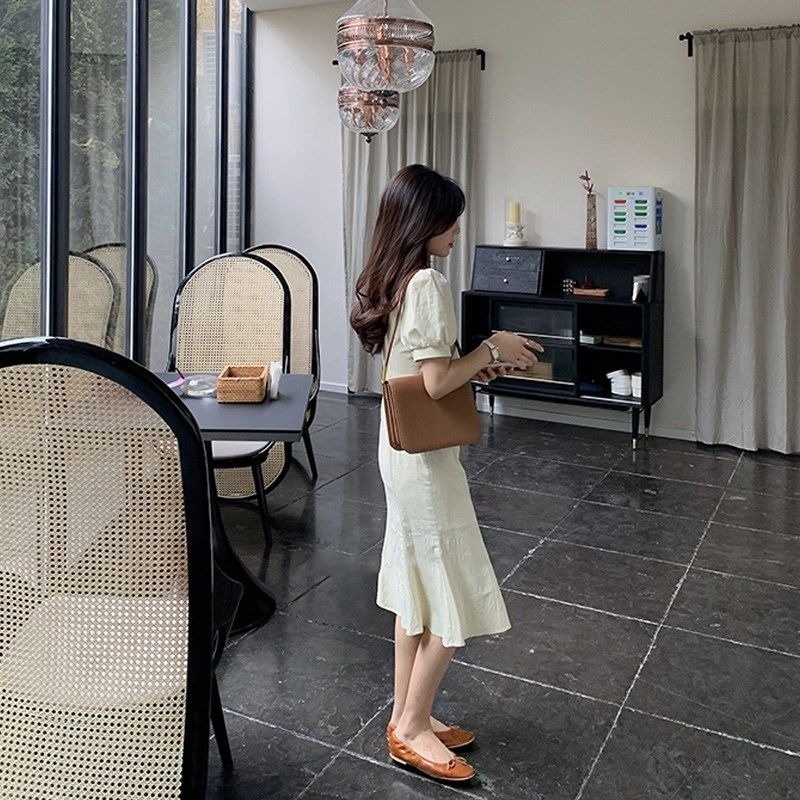 Đầm Ngắn Tay Dáng Đuôi Cá Thời Trang Pháp Xinh Xắn Dành Cho Nữ