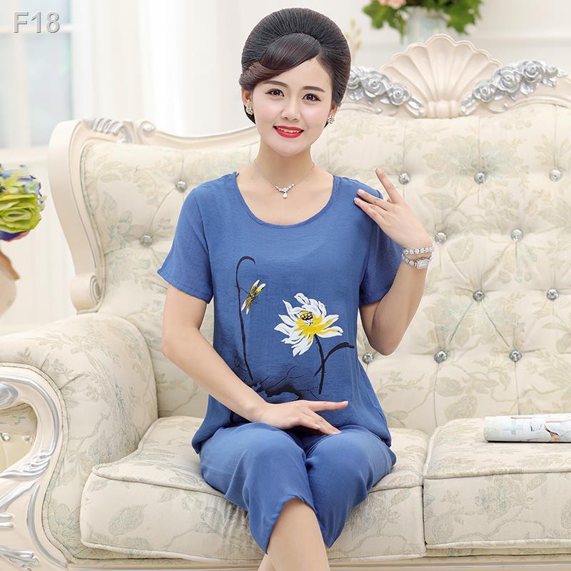 Bộ đồ ngủ dành cho người trung niên và cao tuổi, vải cotton lanh phụ nữ lỏng tay ngắn bằng lụa mỏng ở nhà hai mảnhM