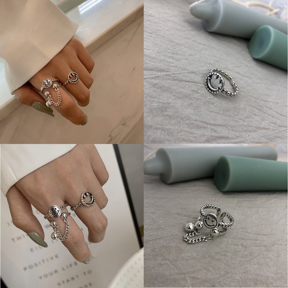 Nhẫn Mạ Bạc Hình Mặt Cười Thiết Kế Dây Xích Cổ Điển Phong Cách Hàn Quốc Cho Nữ