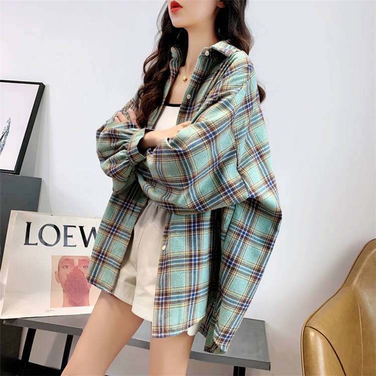 Áo Sơ Mi Ca Rô Dáng Rộng Phong Cách retro Hàn Quốc Cho áo Sơ Mi Sọc Ca Rô Nữ NZ-CS-32