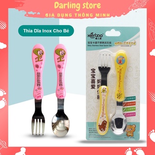 Bộ thìa dĩa cho bé tập ăn chất liệu inox, thìa tập ăn cho bé dễ xúc
