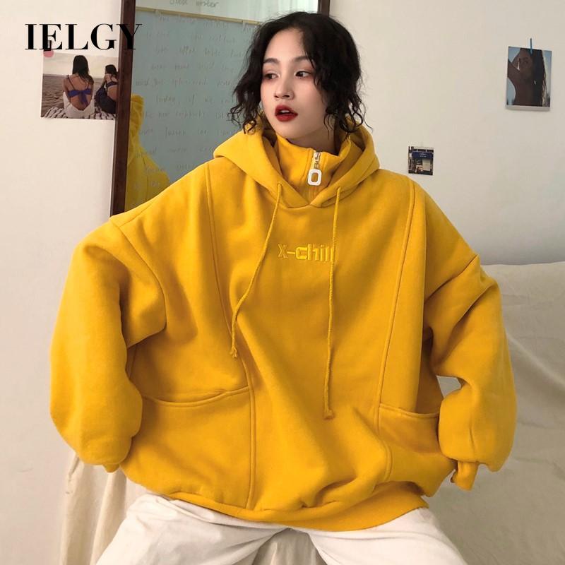 IELGY Áo hoodie dáng rộng cỡ lớn phong cách mùa đông thoải mái cho nữ