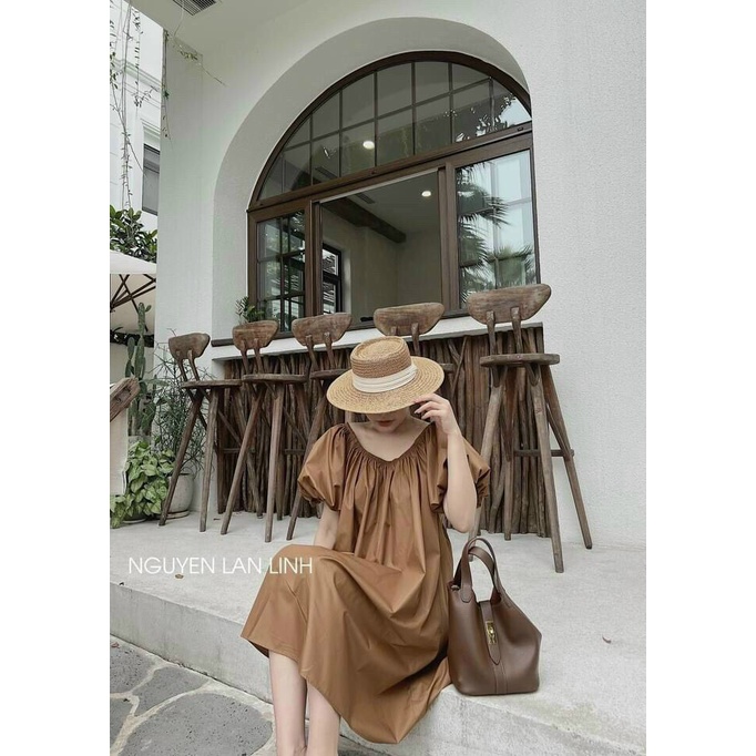 [8.8 Sales Freeship] Váy đầm bầu cổ tròn dáng suông, đầm babydoll tay phồng xoè cột nơ sau đi biển dễ thương