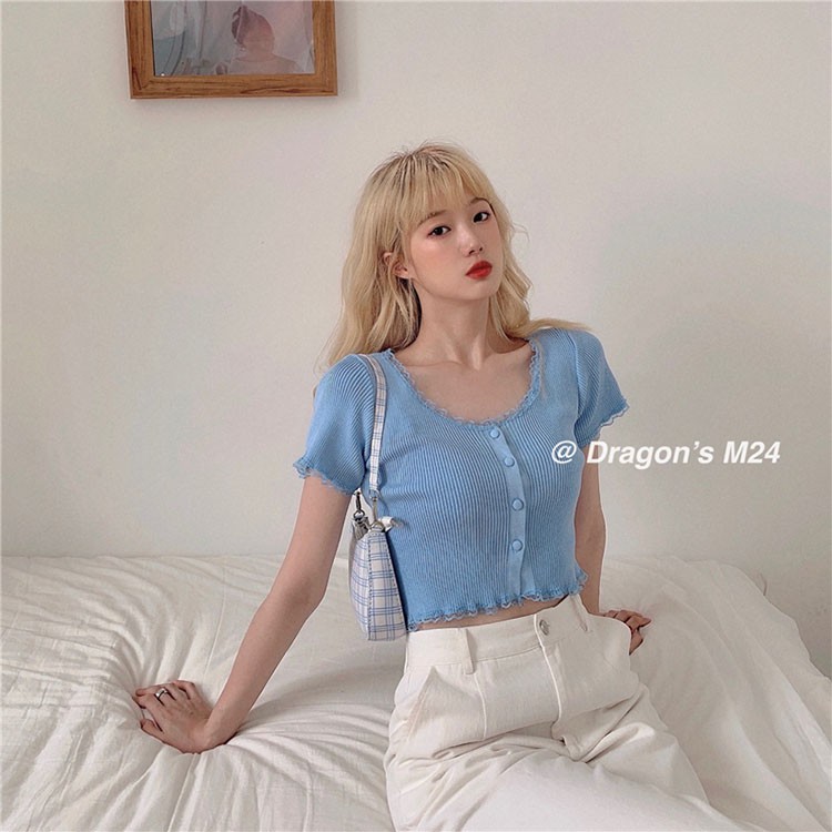 Xiaozhainv Áo croptop dệt kim ngắn tay phong cách gợi cảm cho nữ