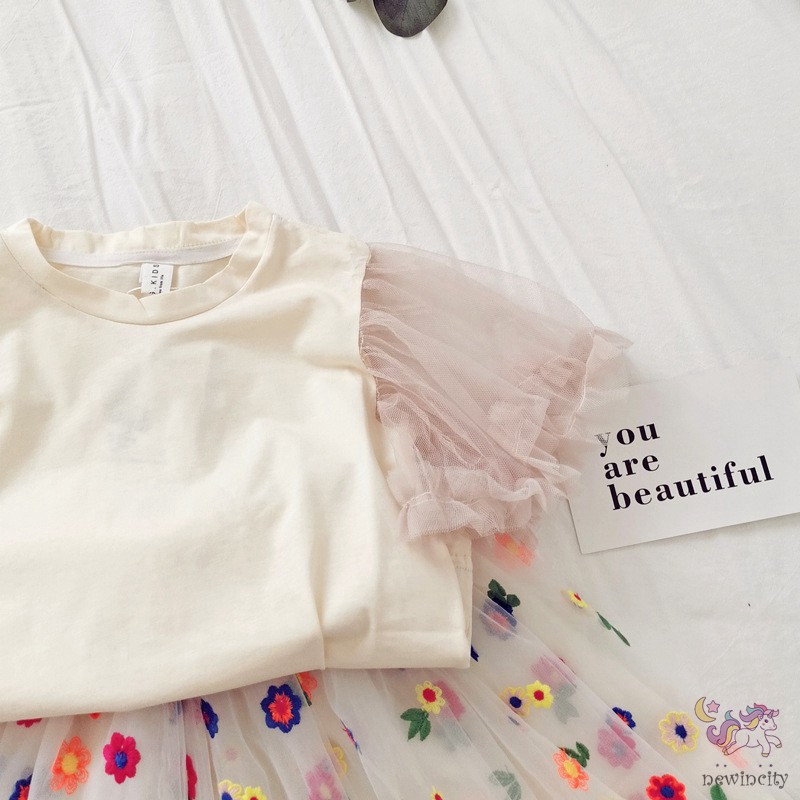 Bộ Áo Cánh Tiên Phối Ren + Chân Váy Lưới Thêu Hoa Thời Trang Dành Cho Bé Gái