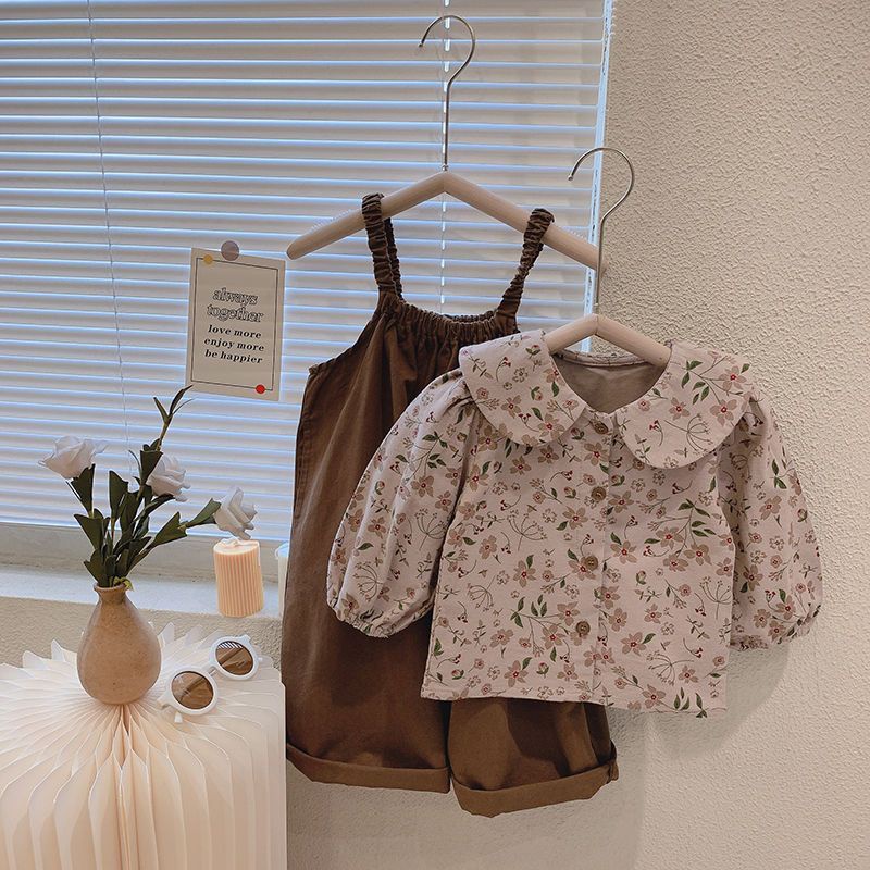 Bộ Áo Sơ Mi Cổ Búp Bê + Quần Yếm Thời Trang Xuân Thu Phong Cách Mới 2022 Cho Bé Gái