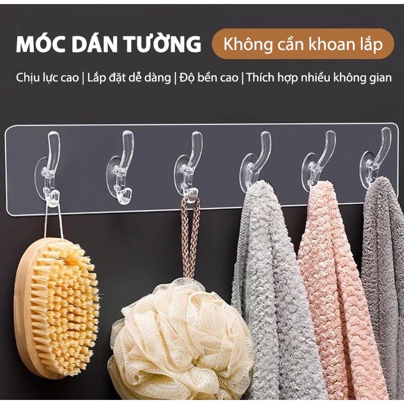 Thanh Treo Đồ Dán Tường, Móc Trong Suốt 6 Móc Liền Mạch Đa Năng Siêu Chắc Chắn Chịu Lực Cao