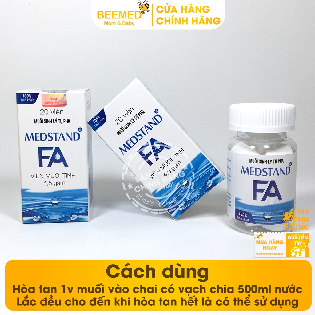 Viên muối sinh lý tự pha Medstand FA - Muối viên tinh khiết - Hộp 20 viên súc miệng, xúc họng, rửa vết thương