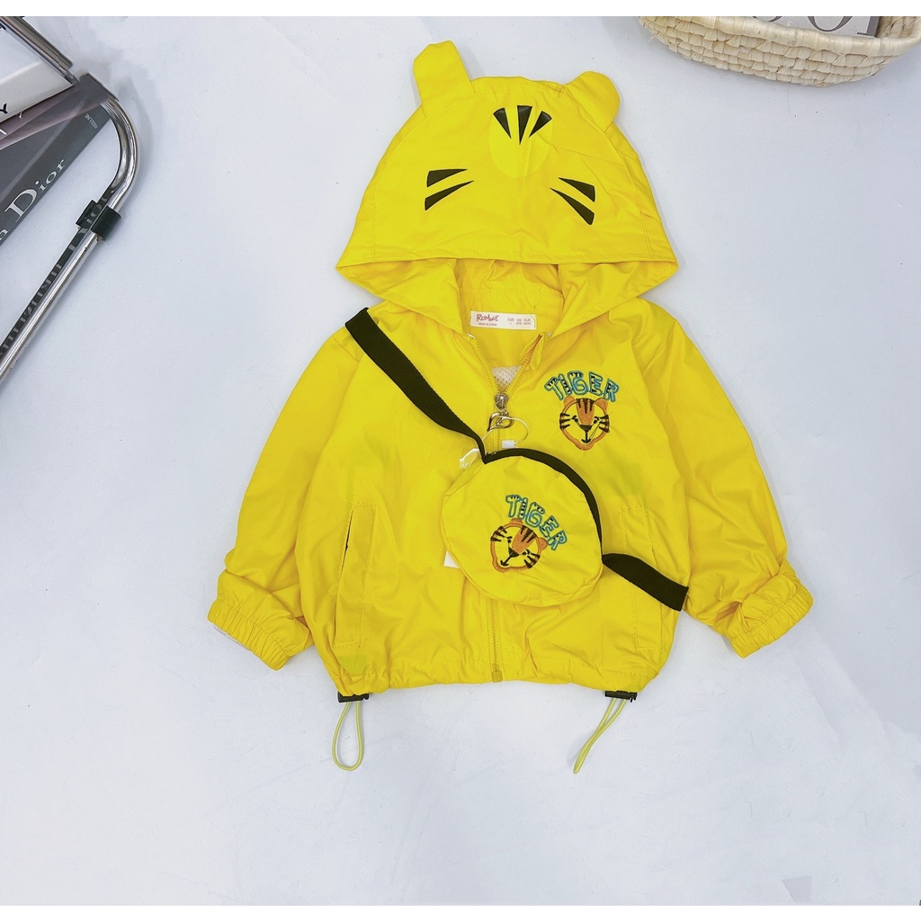 Áo khoác cho bé, áo khoác gió 2 lớp vài gió lì chính phẩm kèm túi thêu chú hổ cho bé trai, bé gái