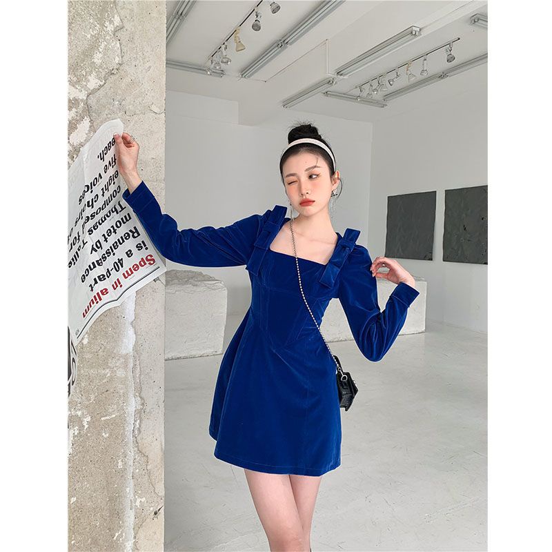 Hàng Có Sẵn!F &amp; X Đầm Nhung Ngắn Dáng Chữ A Cao Cấp Cổ Vuông Màu Xanh Dương Vàng Thời Trang Mùa Thu 2022 Mới Dành Cho Bạn Nữ