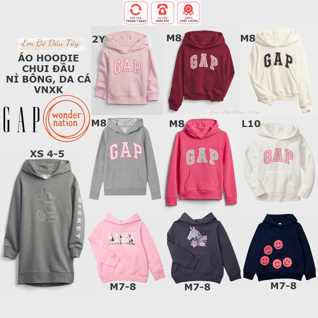 Áo hoodie chui đầu có nón cho bé gái VNXK G A P, WonderNation nỉ lót bông