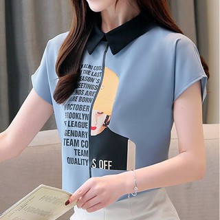 Áo nữ cổ Peter Pan tay ngắn in họa tiết chữ chất liệu vải voan