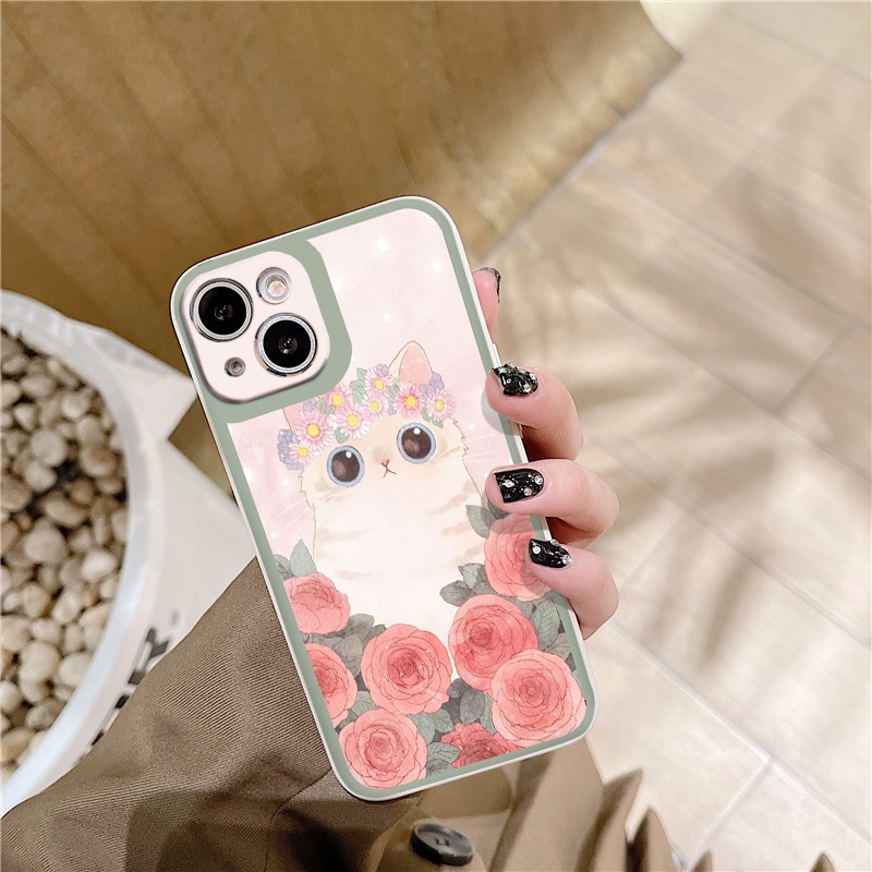 Ốp iphone cạnh vuông MÈO trắng hoa hồng đáng yêu cho ip 6/8/7/plus/x/xr/xsmax/12 pro max/11pro max/13 pro max-nt015