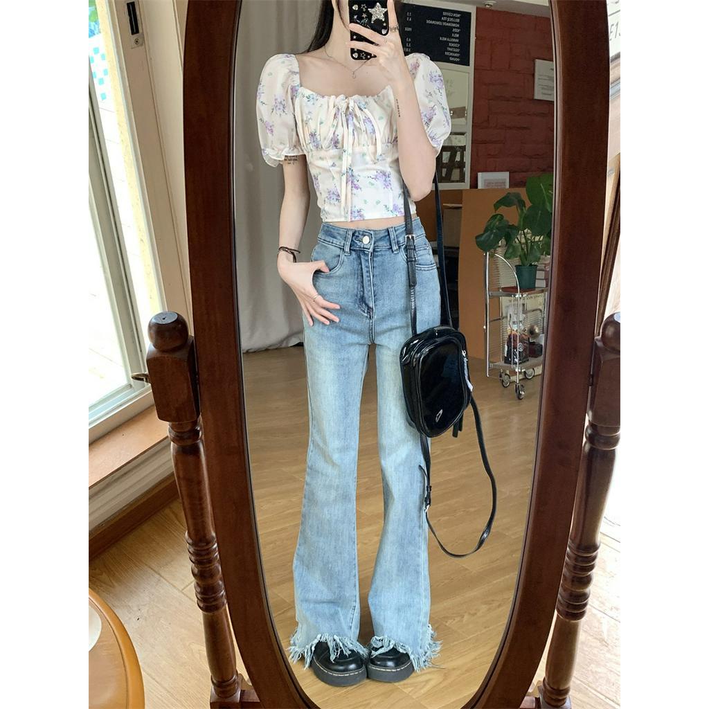 Áo Hoa Tay Phồng Cột Dây Dáng Ôm Co Giãn Phong Cách Hàn Quốc 63375