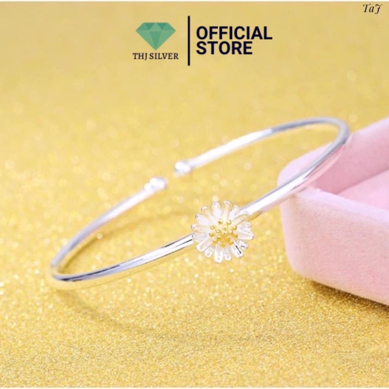 Vòng tay cúc hoạ mi - vòng cứng chuẩn bạc ta , bao trắng-THJ SLIVER