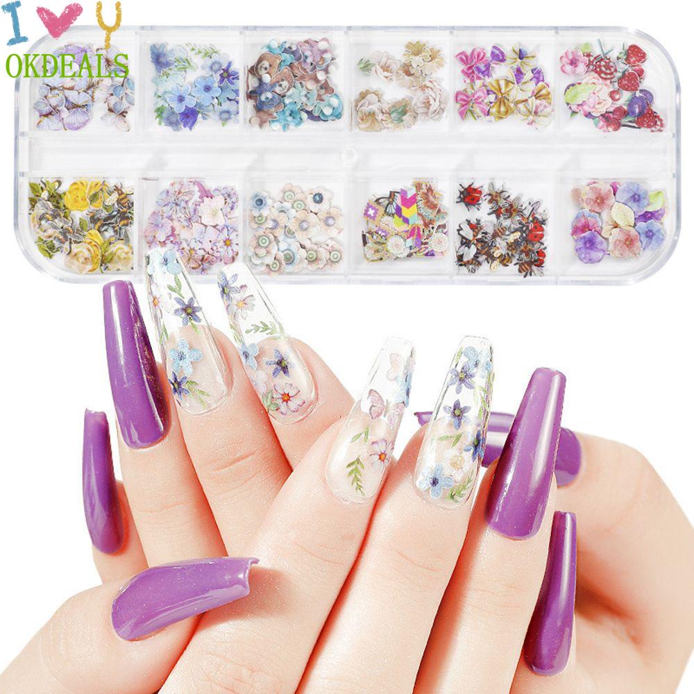 Hộp Phụ Kiện Kim Tuyến Hình Hoa Lá/Bướm Nhiều Màu 3D Trang Trí Móng Nghệ Thuật