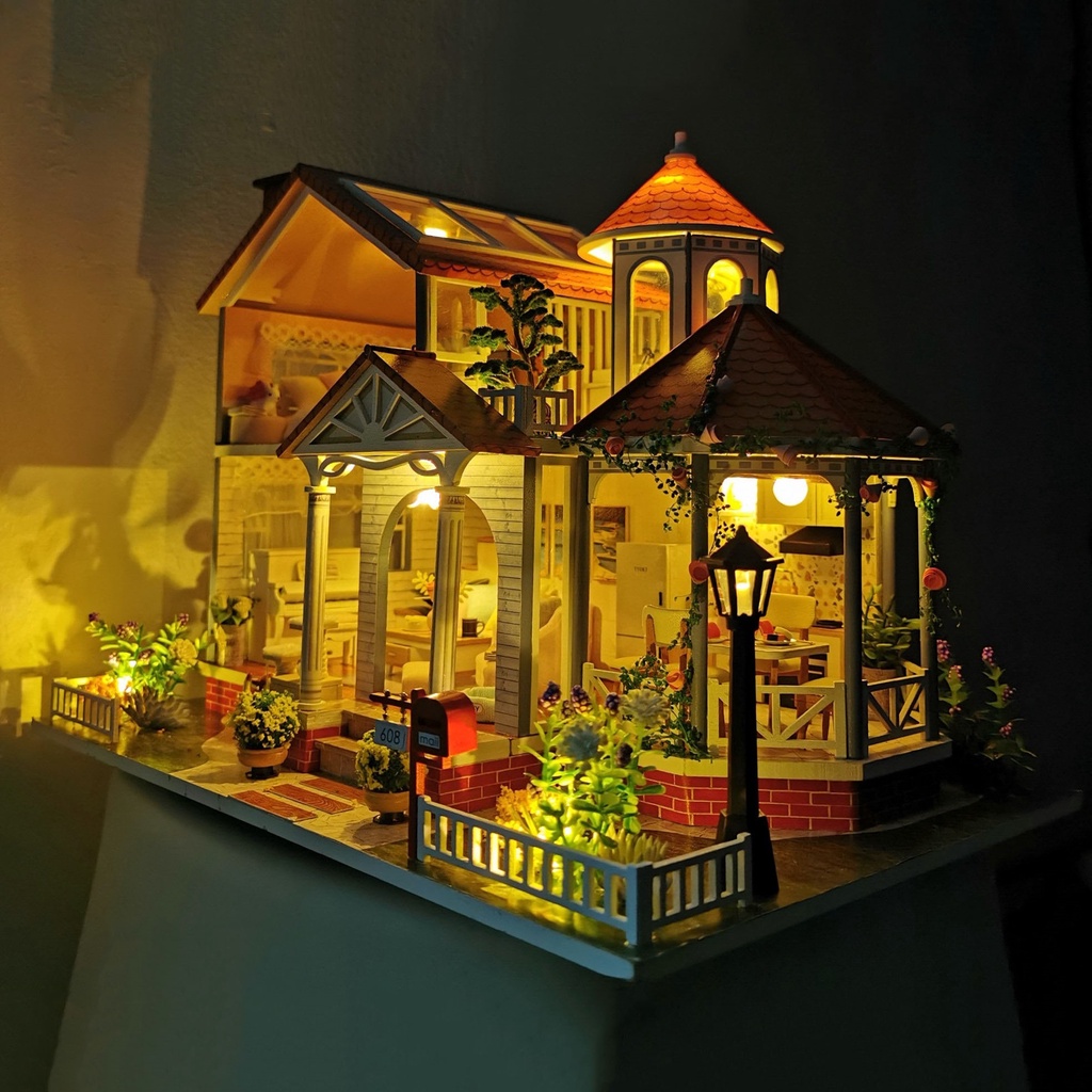 Mô hình nhà DIY Doll House Coloured Glaze Time Kèm Mica Chống bụi, Bộ dụng cụ, Keo dán và Bộ phát nhạc