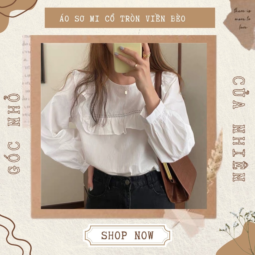 Áo Sơ Mi Nữ Cổ Tròn Phối Bèo Viền Chỉ Nổi Tay Bồng [ẢNH THẬT+VIDEO]