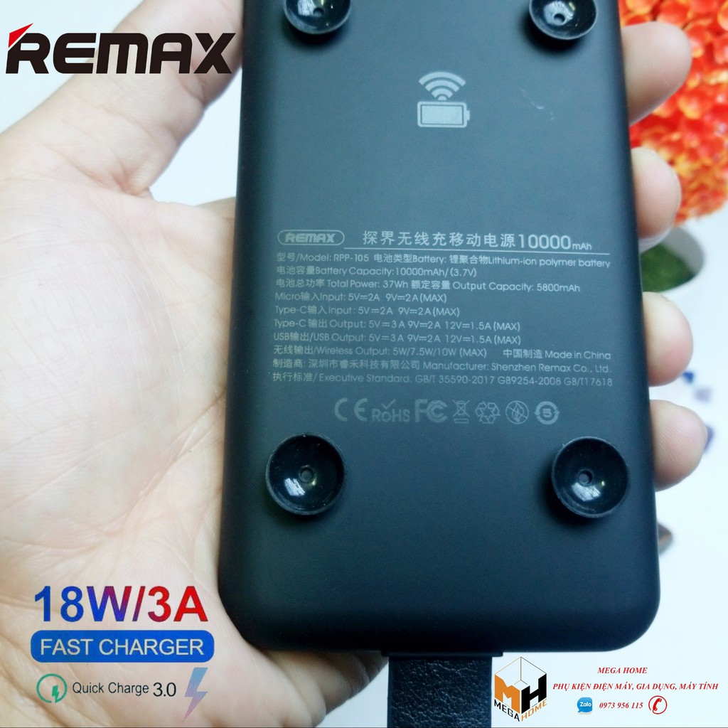 Sạc dự phòng không dây 10000mAh REMAX RPP-105 hỗ trợ sạc nhanh 18W - Pin sạc dự phòng REMAX chính hãng