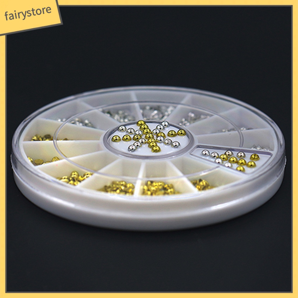 Hộp hình bánh xe đựng hạt đinh tán bằng acrylic kích thước 2mm màu vàng đồng/bạc dán móng tay nghệ thuật tự làm