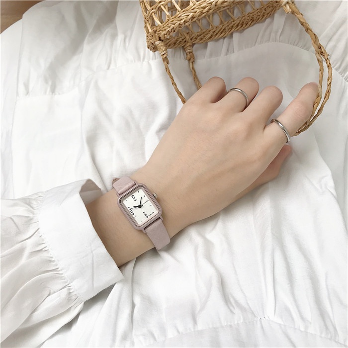 Đồng hồ nữ đeo tay dây da mặt vuông giá rẻ chính hãng chống nước màu trắng, đen, xanh, hồng đẹp cao cấp DOUKOU DK02