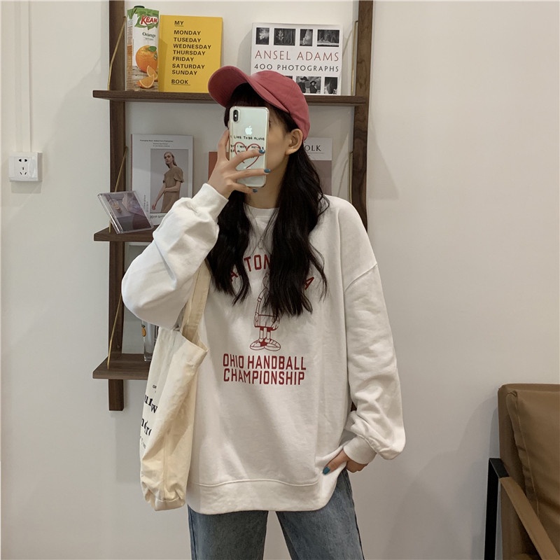 ZHELIHANGFEI Áo Nỉ Cổ Tròn Form Rộng Họa Tiết Hoạt Hình Vui Nhộn