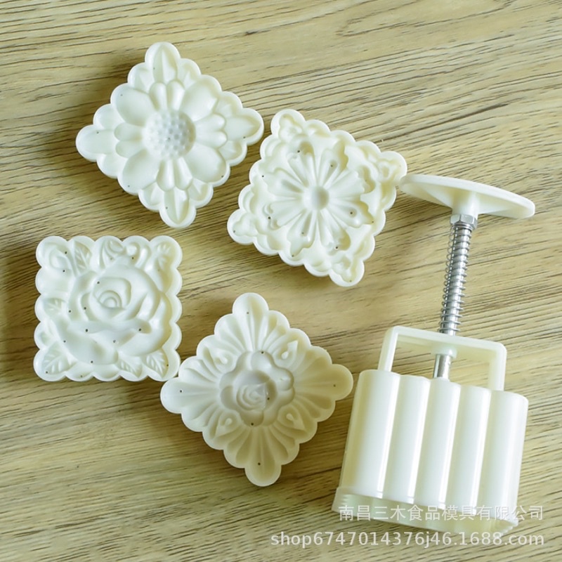 [Mẫu mới 2022] Khuôn trung thu lò xo 4 mặt hoa vuông