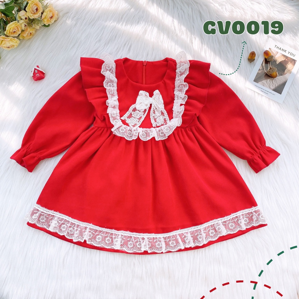 Váy Nhung Đỏ Phối Nơ Ren Tết Cho Bé Gái MINTSCLOSET Size 0-4 Tuổi - GV0019