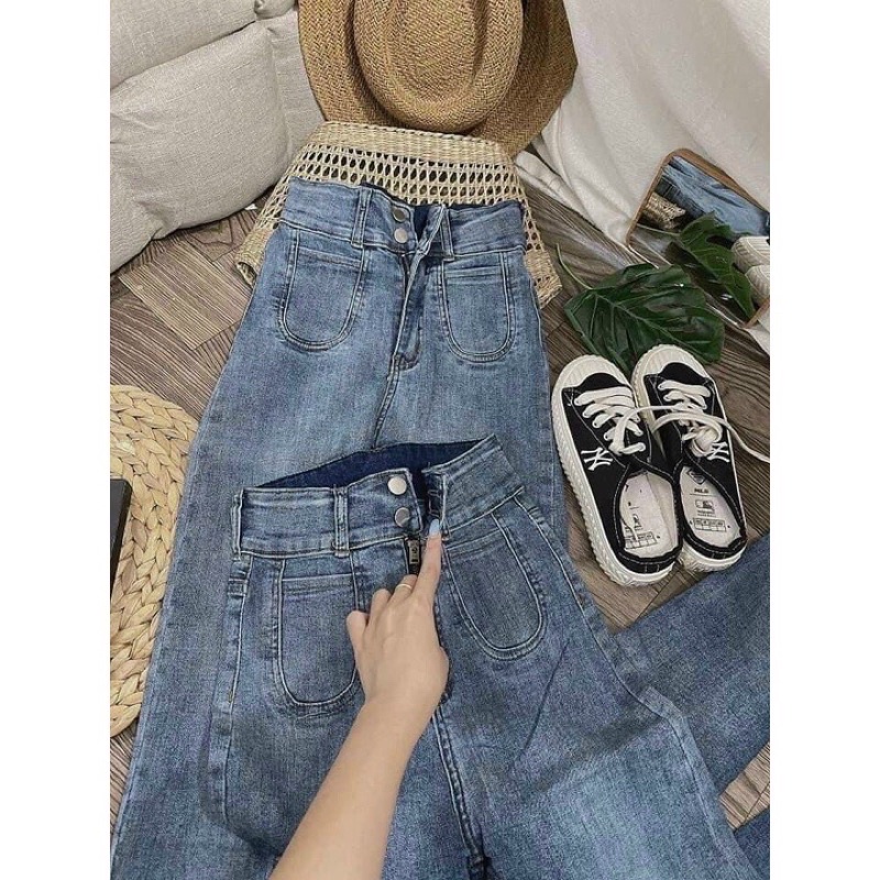Quần Jeans Nữ 2 Nút Lưng Cao 2 Túi Vuông Trước, Quần Jeans Nữ Co Giãn Tốt