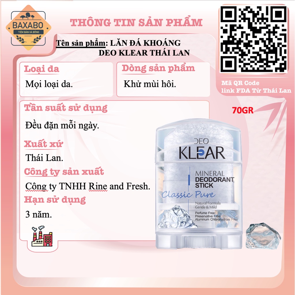 LĂN ĐÁ KHOÁNG DEO KLEAR MINERAL DEODORANT STICK THÁI LAN - HÀNG CHÍNH HÃNG - ĐỦ MÙI