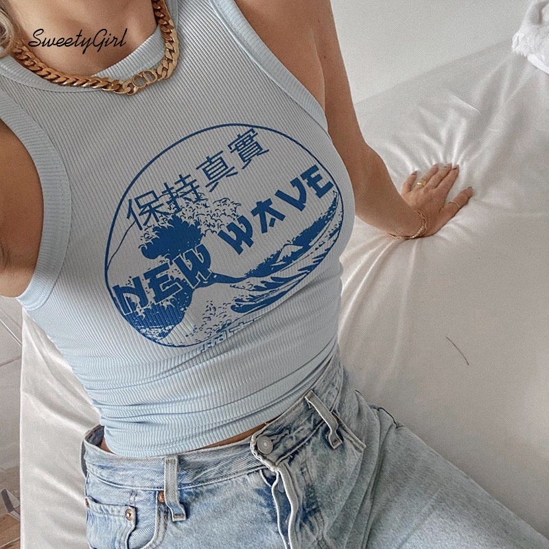 Áo tank top cổ tròn dáng ôm in chữ thời trang cho nữ