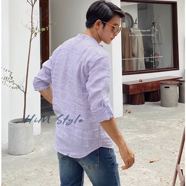 [HIMSTYLE ]Áo Sơ Mi Nam Cổ Trụ Tay Dài Linen Tưng Sọc