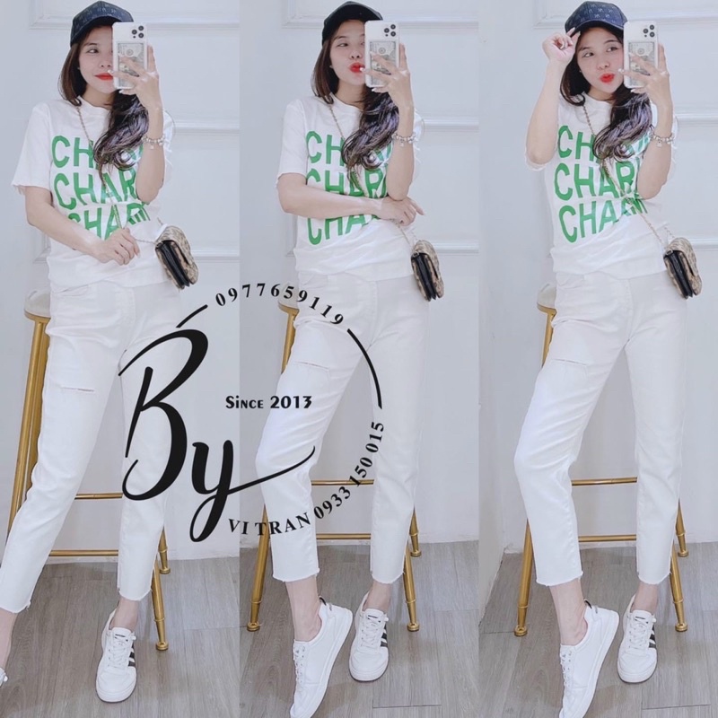 Áo thun giấy form rộng in chữ CHARM tay ngắn cổ tròn