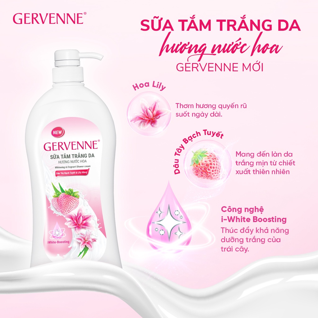 Sữa tắm trắng da hương nước hoa Gervenne Dâu Tây Bạch Tuyết và Lily Hồng (1.2L/chai)