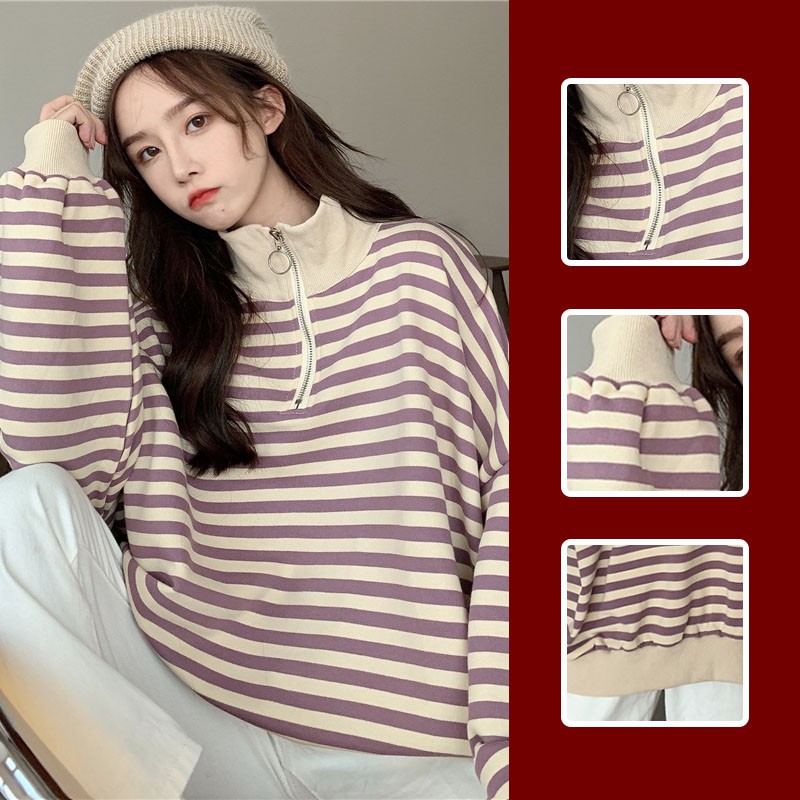 Áo Sweater Vải Cotton Mỏng Dáng Rộng Kẻ Sọc Phối Khóa Kéo Cá Tính