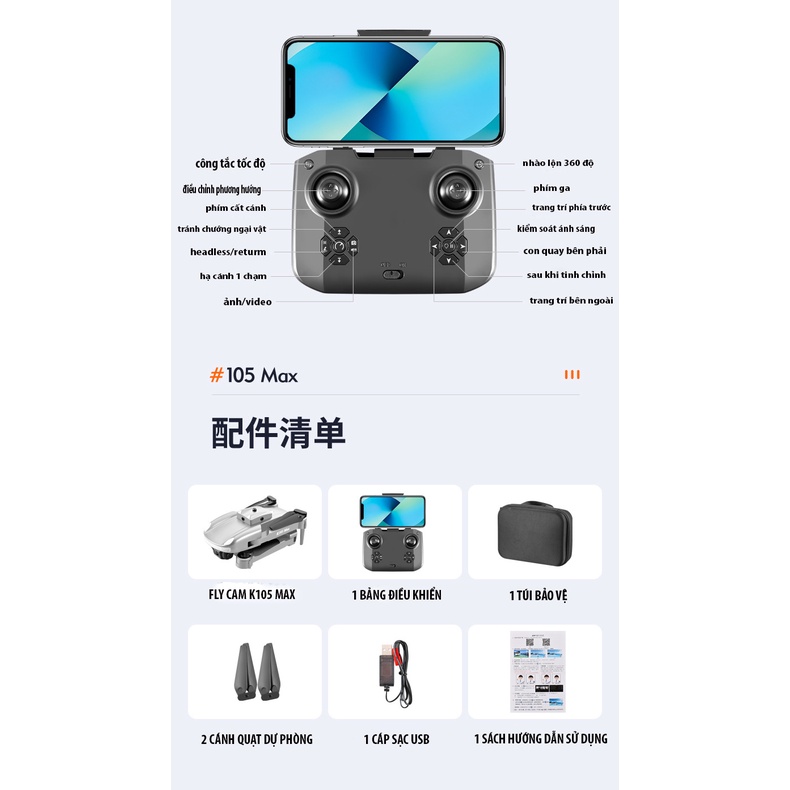 FLYCAM K105 MAX, KẾT NỐI TRỰC TIẾP SMARTPHONE QUAY PHIM CHỤP ẢNH HD, TẶNG TÚI ĐỰNG