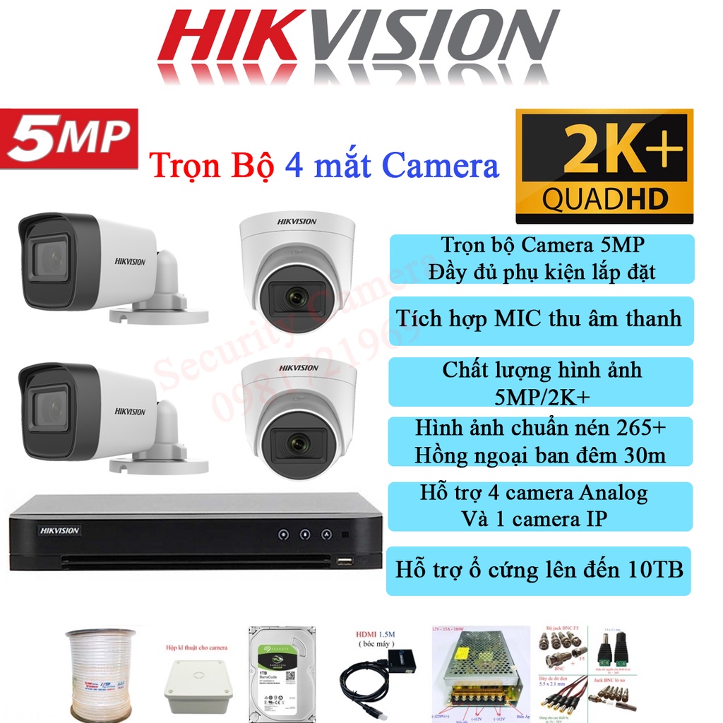 Trọn bộ Camera HIKVISION 5Mp 4 mắt [ Tíc Hợp Mic ] -  Chính hãng, đầy đủ phụ kiện, bảo hành 24 tháng