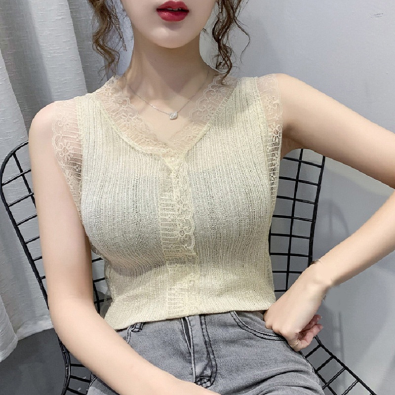 Áo Dệt Kim Sát Nách Cổ Chữ V Màu Sắc Thanh Lịch Cho Nữ