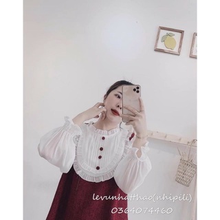 Váy đỏ da lộn xòe nút bọc phối tơ mềm cổ bèo