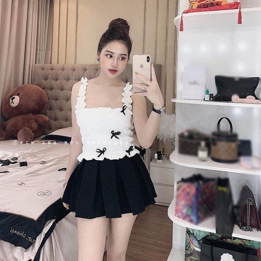Set Áo Hai Dây Chun Nơ Và Chân Váy Ngắn Siêu Xinh , Set Bộ Áo Đính Nơ Kèm Chân Váy Ngắn Xếp Ly