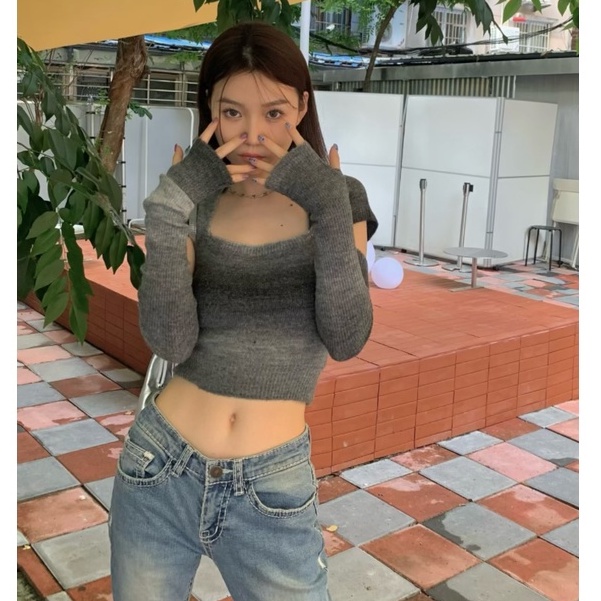 QKOOLE  Áo croptop Dệt Kim Tay Dài Cổ Vuông Kiểu Vintage Hàn Quốc Dễ Thương Cho Nữ