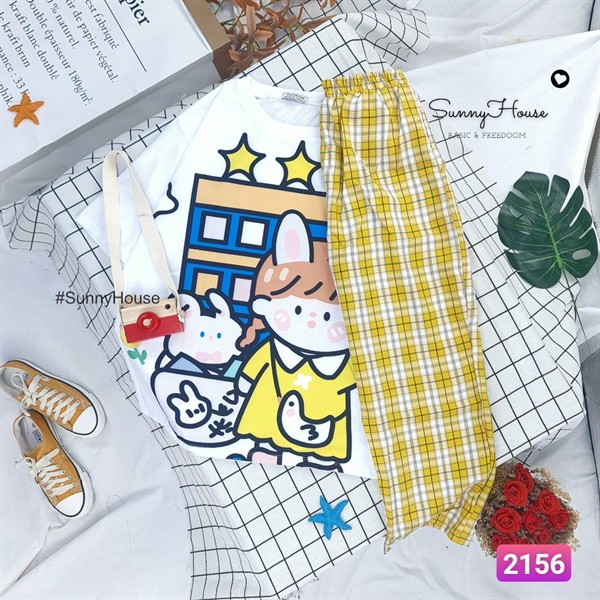 Ảnh Thật Set đồ bộ hoạt hình Unisex form rộng quần caro vải kate cartoon - SunnyHouse Mã SP002156