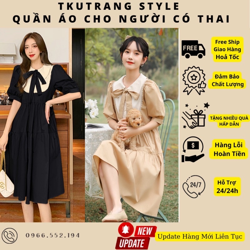 váy bầu công sở - Đầm bầu màu đen kiểu dáng tiểu thư sang trọng hàn quốc- Tkutrang